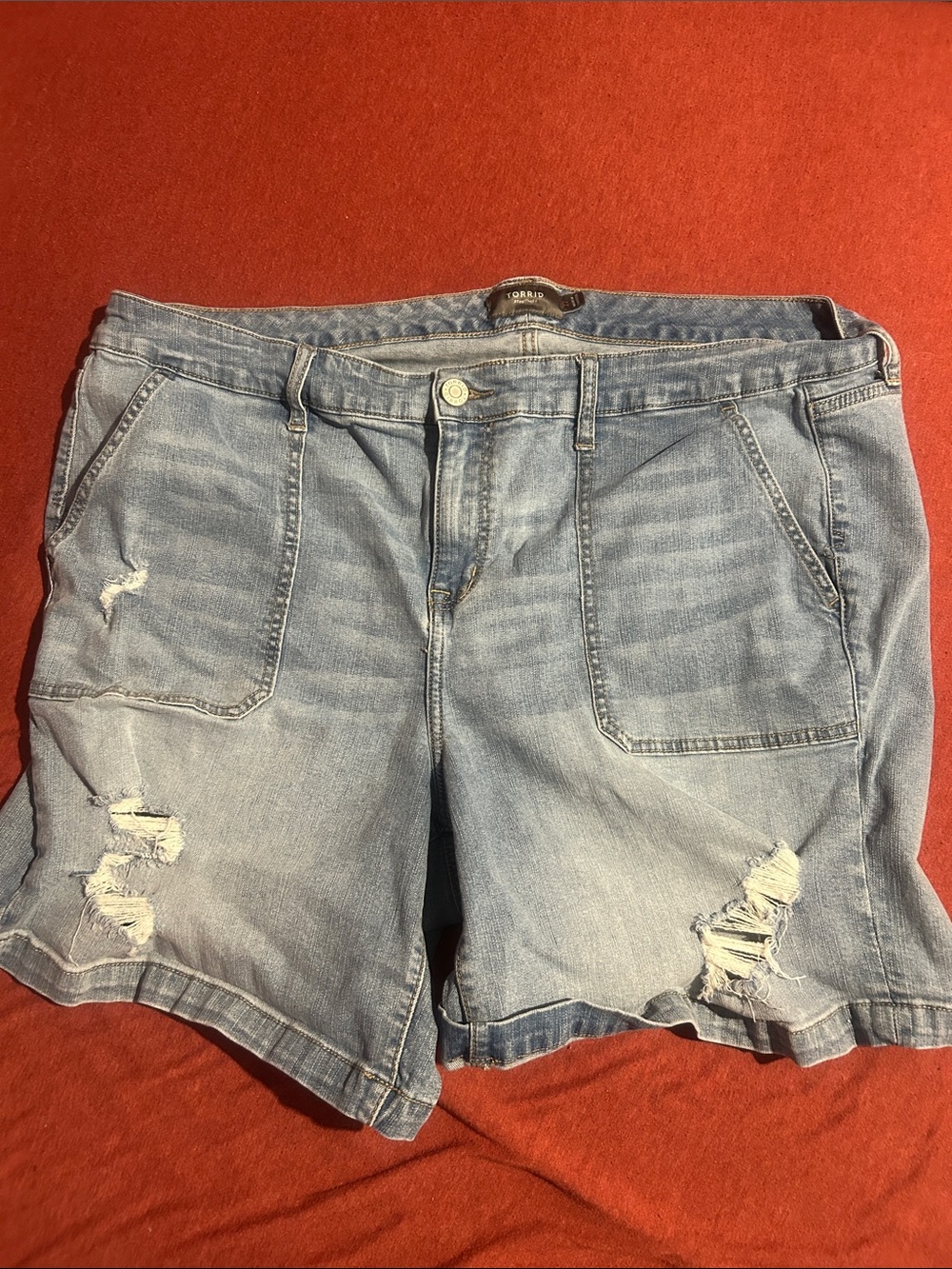 torrid Light Blue Distressed Denim Patch-Pocket Shorts - Picture 1 of 3